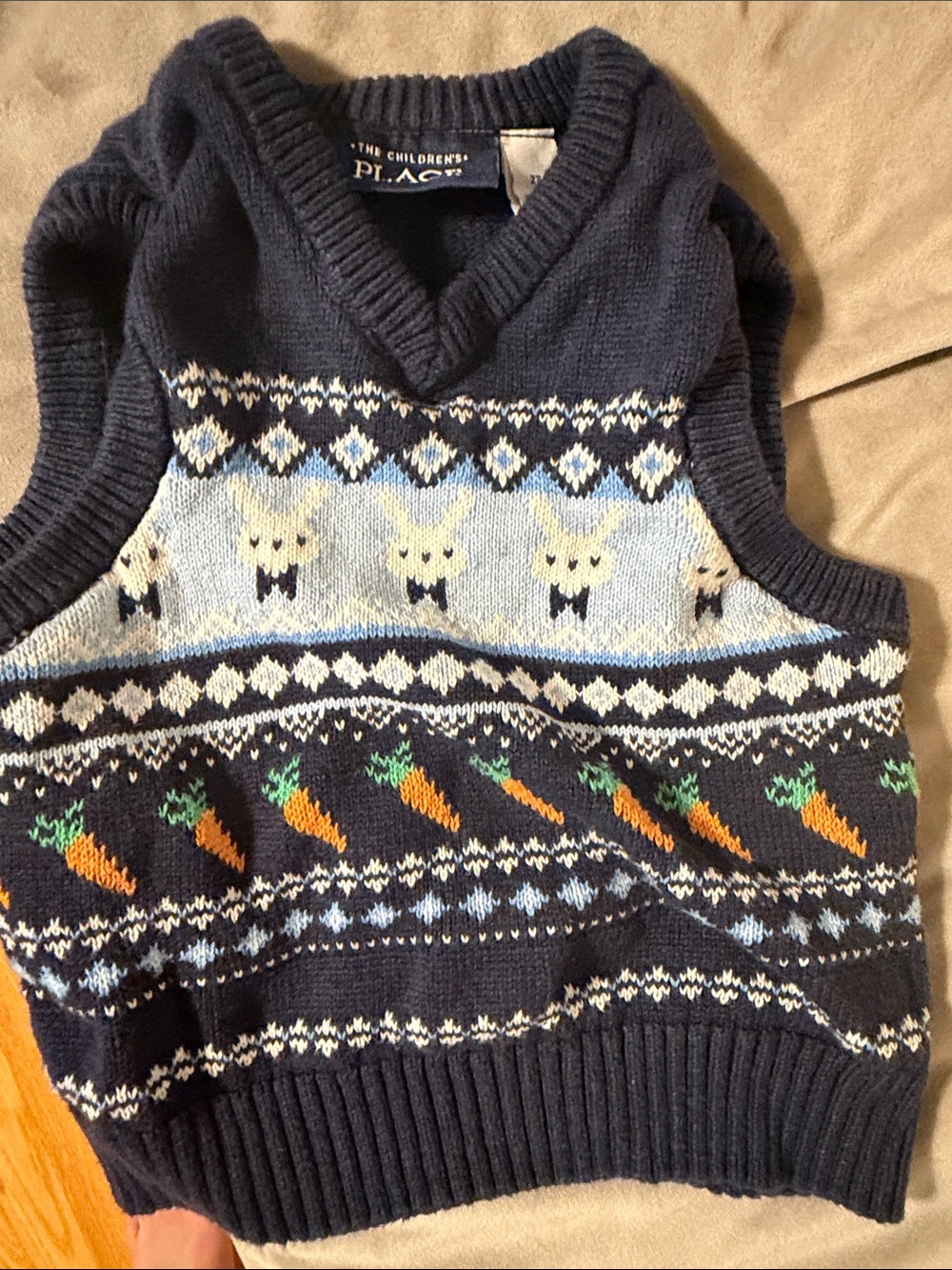 The Children's Place Navy V-Neck Sweater Vest with Bunny & Carrot Motif